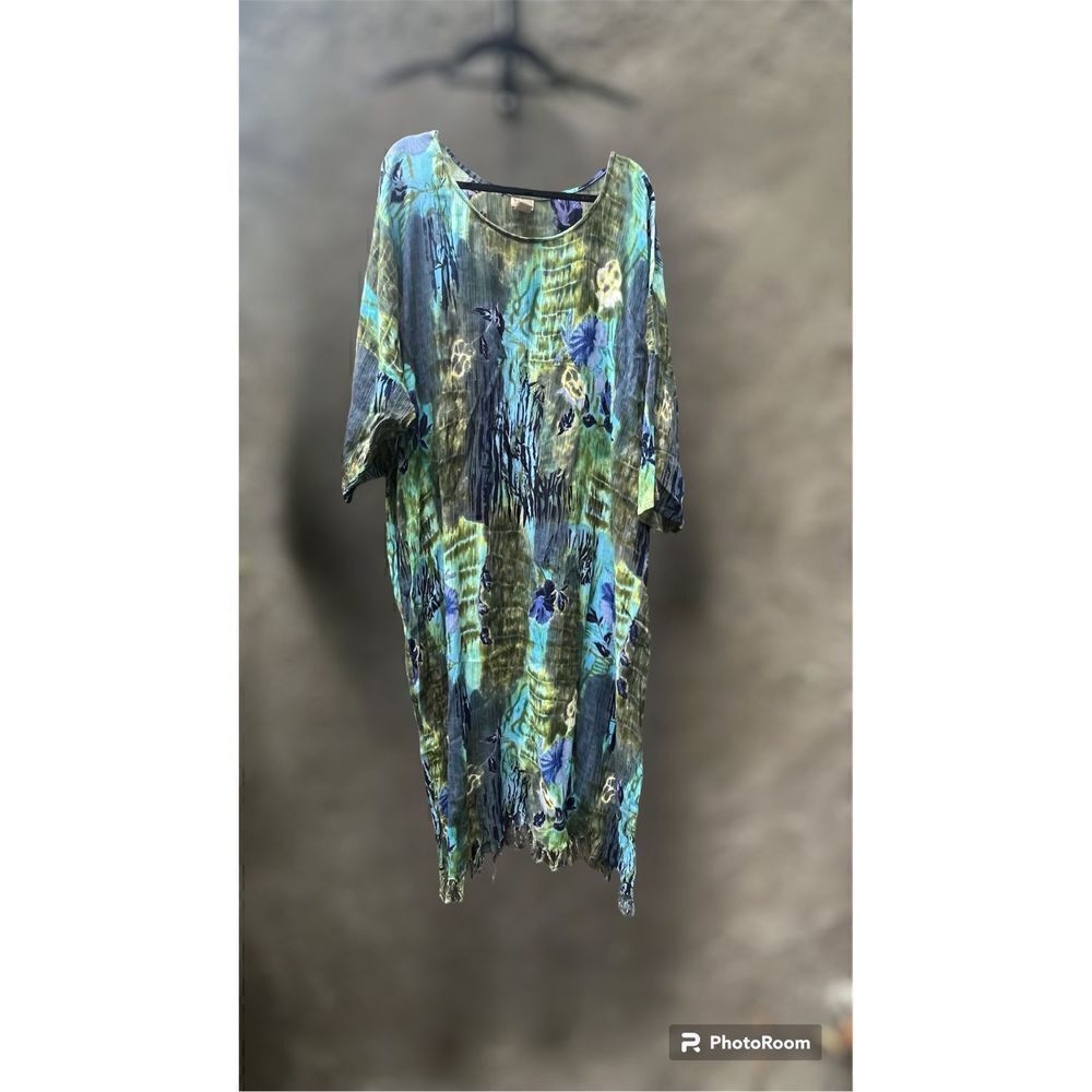 Nefertiti Collection Blue Green Tie Dye Fringed Kaftan Loose Flowy Semi Sheer Ma View 3